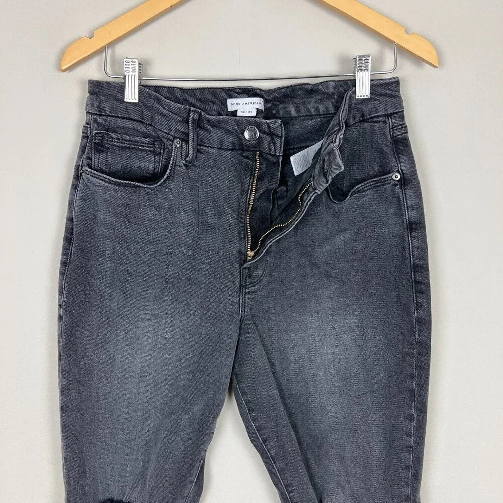 GOOD‎ AMERICAN Jeans Womens 12 /31 Black Gray Good Classic Distressed Skinny
